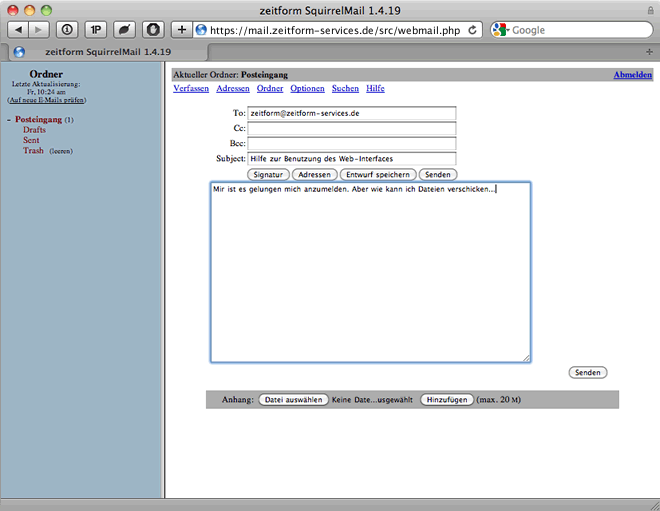 zeitform Services Webinterface - E-Mail schreiben zeitform Services Webinterface - E-Mail schreiben