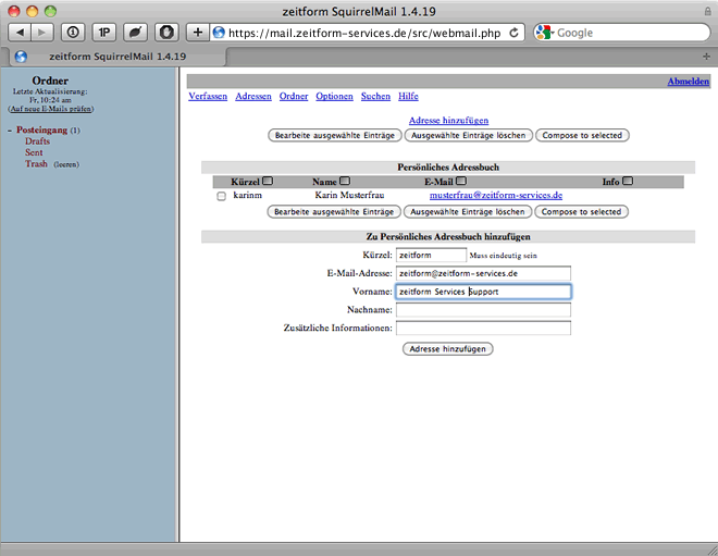 zeitform Services Webinterface - Adressen verwalten zeitform Services Webinterface - Adressen verwalten