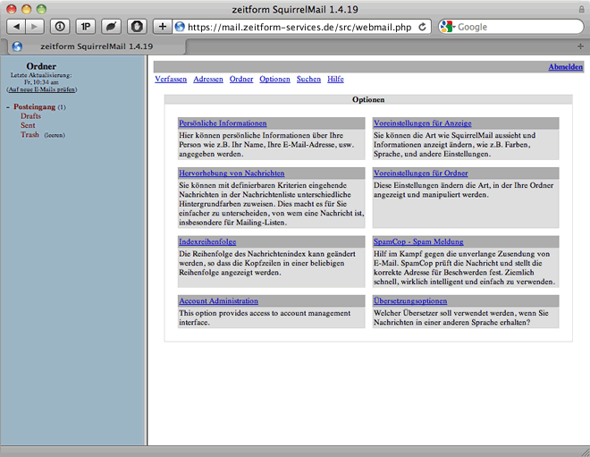 zeitform Services Webinterface - Optionen zeitform Services Webinterface - Optionen