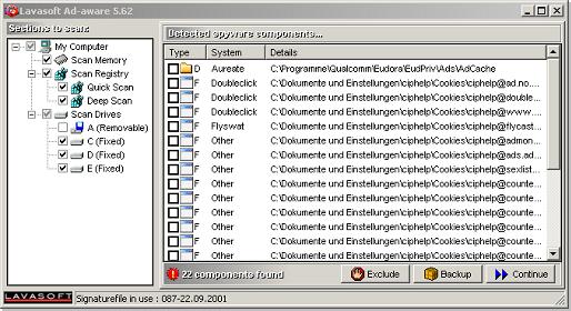 Ergebnis einer Suche mit Ad-Aware unter Windows 2000