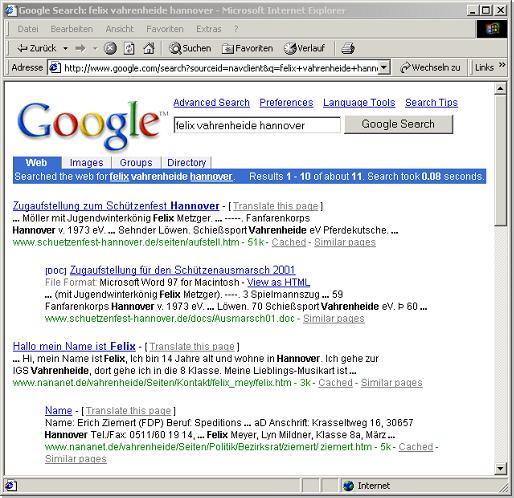 Ergebnisseite einer Suche mit Google