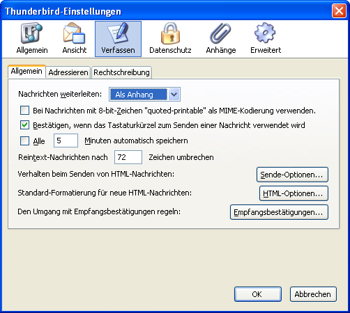 Einstellungen in Mozilla Thunderbird - Weiterleitung als Anhang