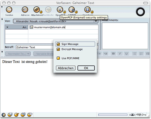 Nachrichtenfenster von Mozilla mit Enigmail Funktionen