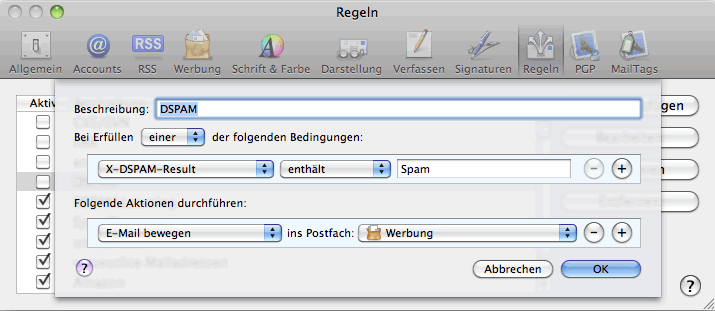 Screenshot Dspam-Filter in Apple Mail