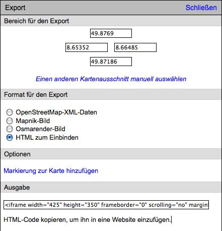 Openstreetmap Exporteinstellungen