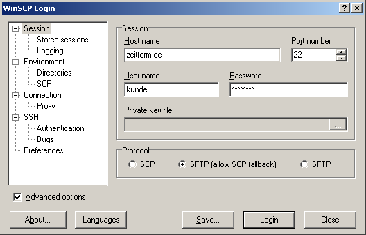 WinSCP Konfiguration